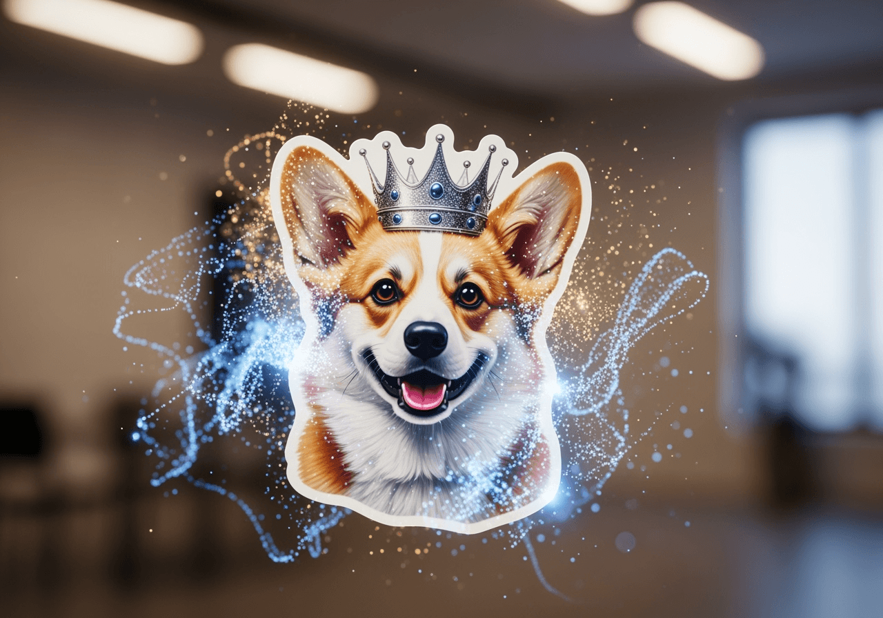 A detailed sticker of a smiling corgi being formed from digital light, symbolizing text turning into an image.