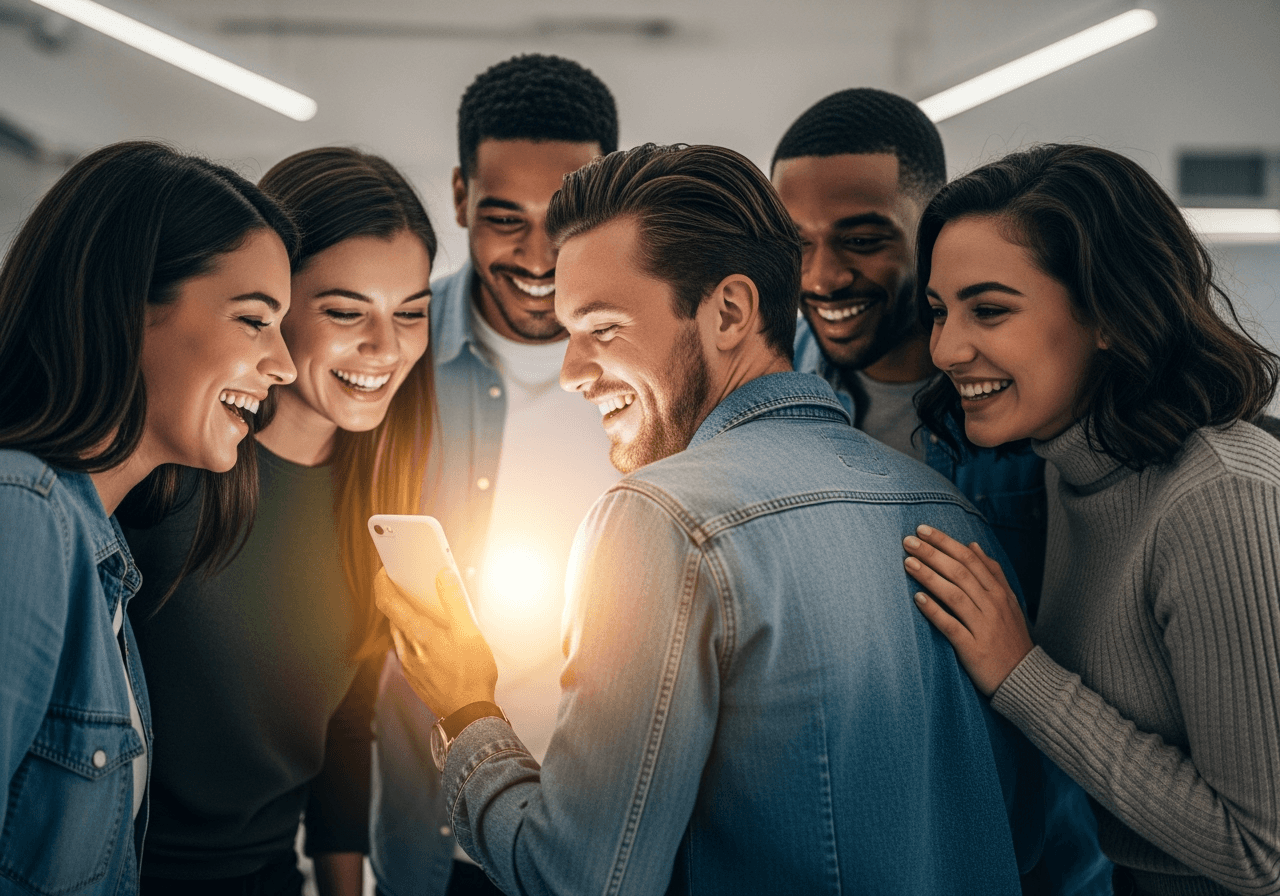 Diverse friends smiling and looking at a glowing smartphone, representing a fun social sharing experience.