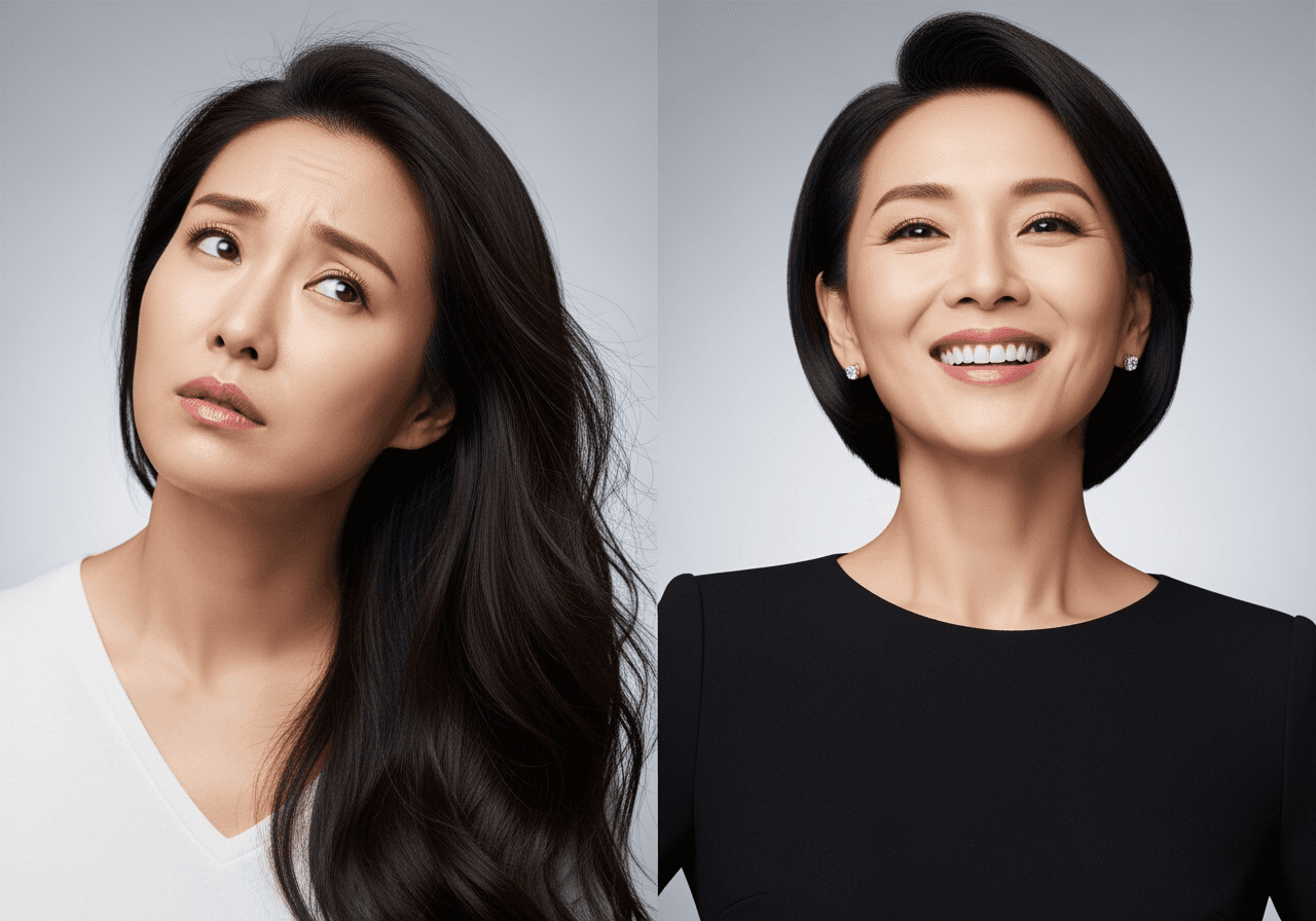 A before-and-after image of a woman with long hair and then with a stylish short bob, representing an AI hair filter.