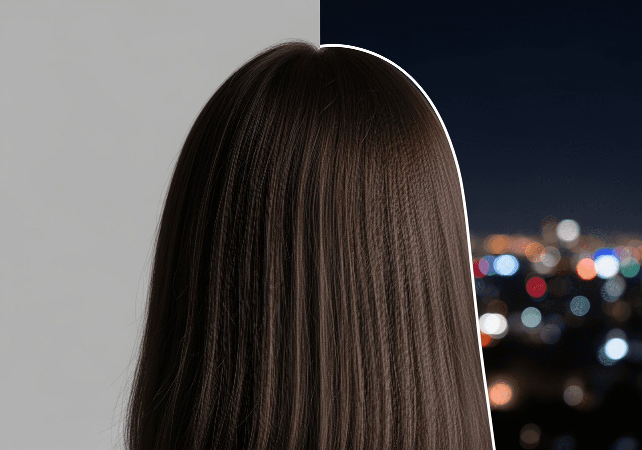 A close-up showing perfect AI-powered edge detection on hair as a background is replaced, demonstrating precision.