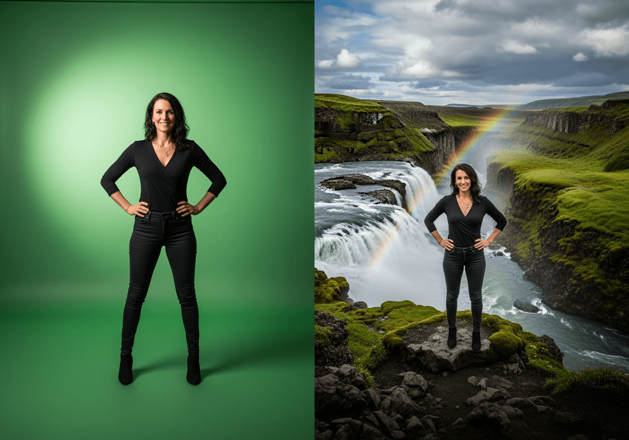 A split image showing a model moved from a green screen studio to a scenic waterfall, representing AI background replacement.