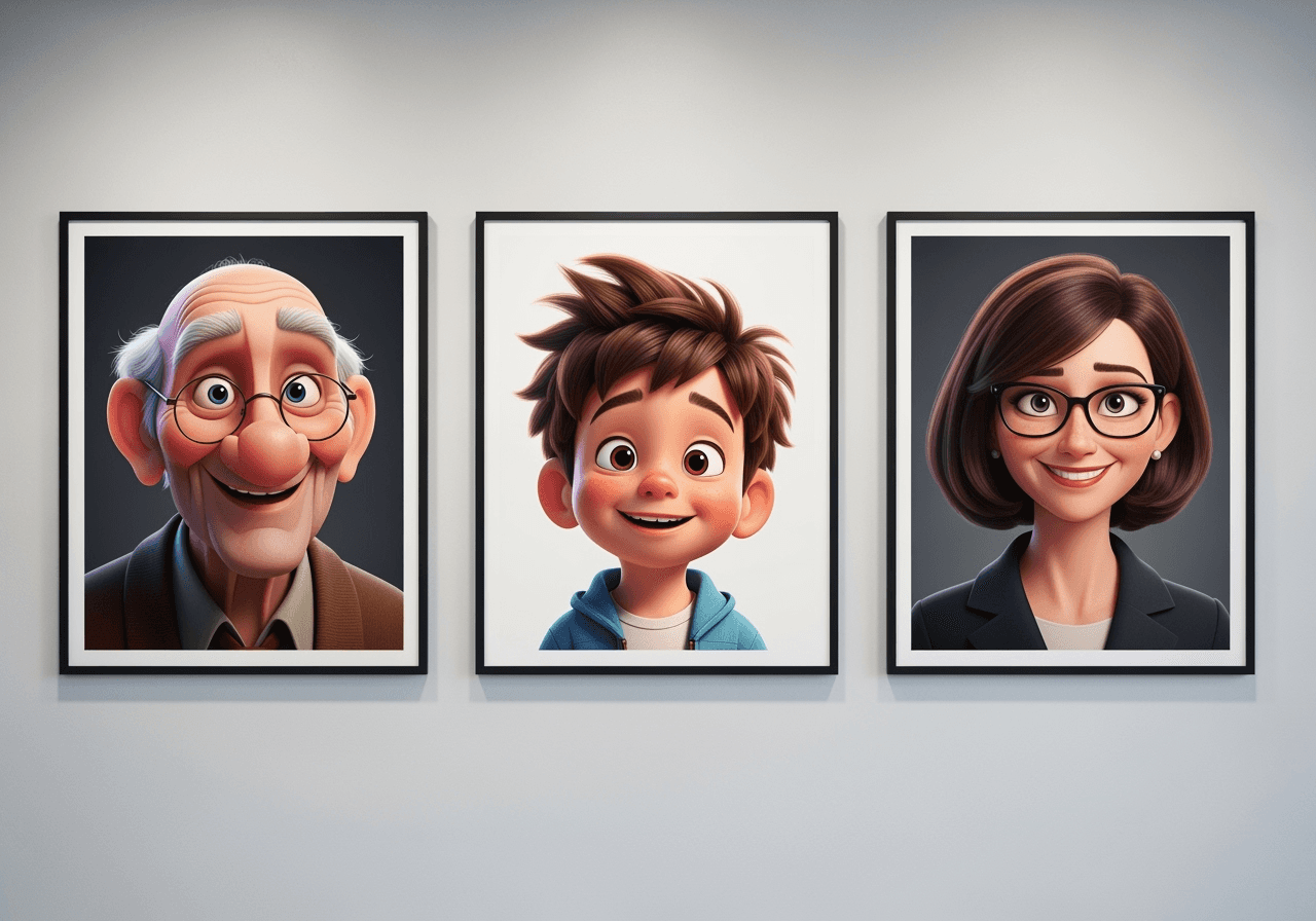 A gallery wall displaying three framed portraits of different people transformed into Disney-style characters.