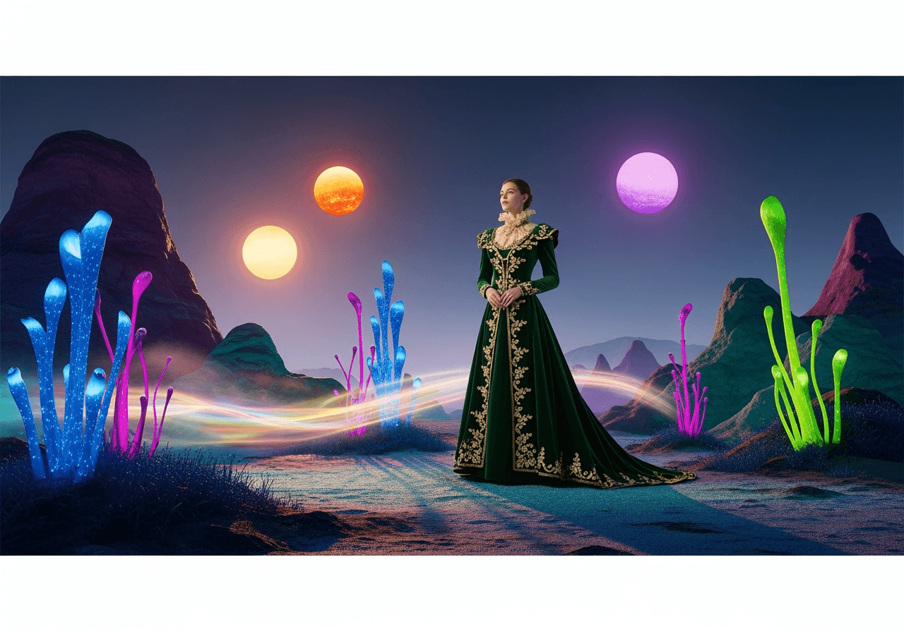 A surreal image of a person on an alien planet, demonstrating the creative freedom of AI background replacement.