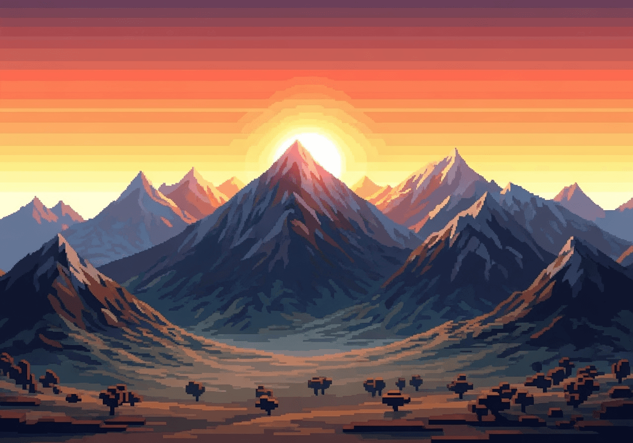 A scenic mountain landscape reimagined in the pixelated, low-poly style of a nostalgic PS2 video game.