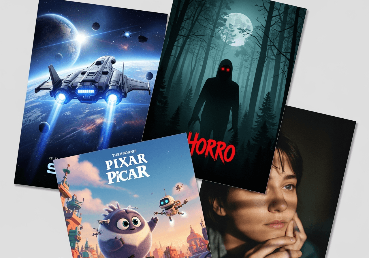 A collage of AI-generated movie posters in four different art styles: sci-fi, retro, animation, and indie.