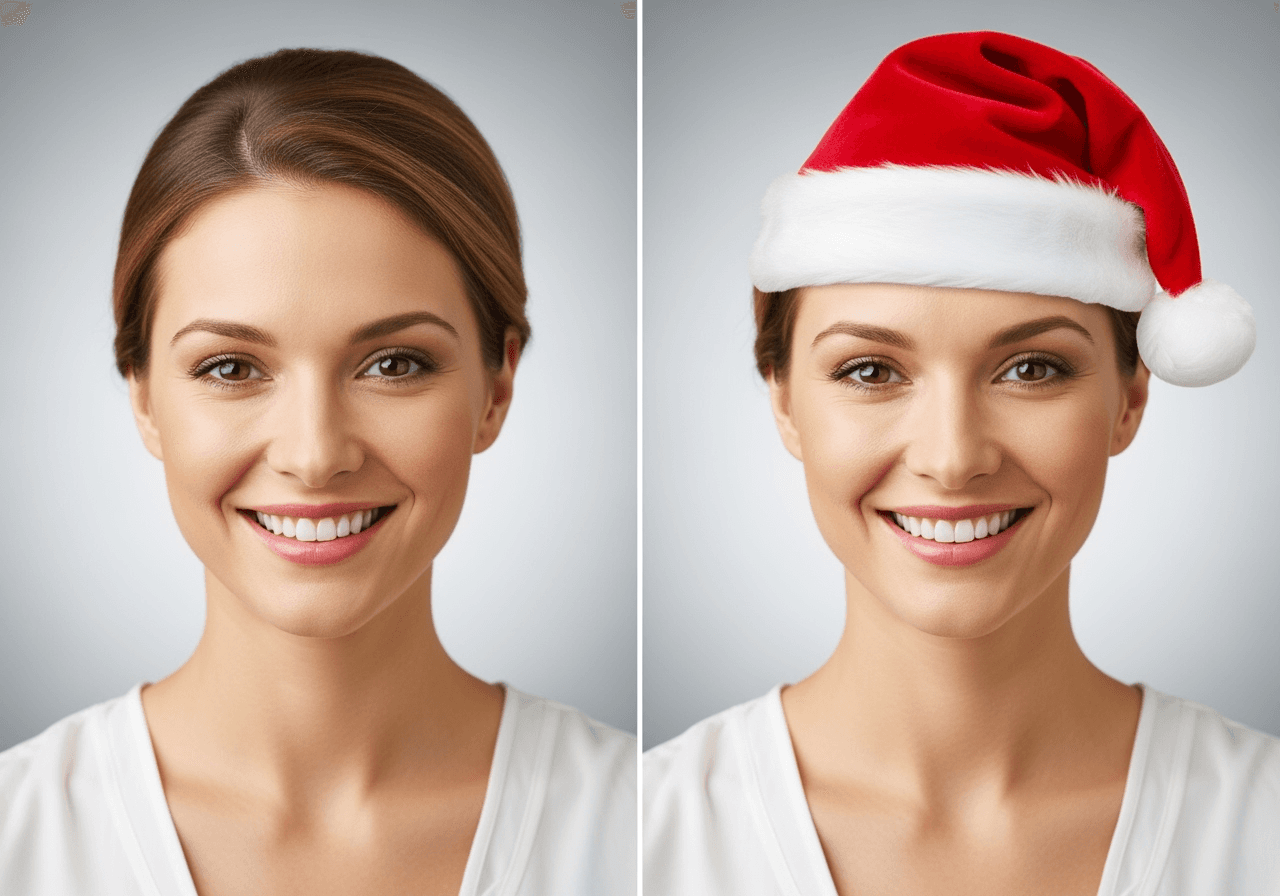 A split-screen image showing a woman's portrait before and after an AI adds a Santa hat.