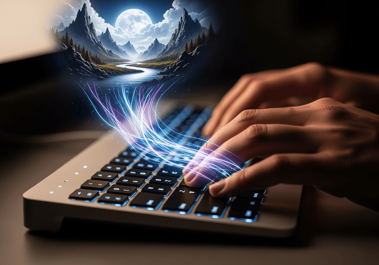 Conceptual image of hands typing, with light transforming into a cinematic movie poster scene, representing the AI generation process.