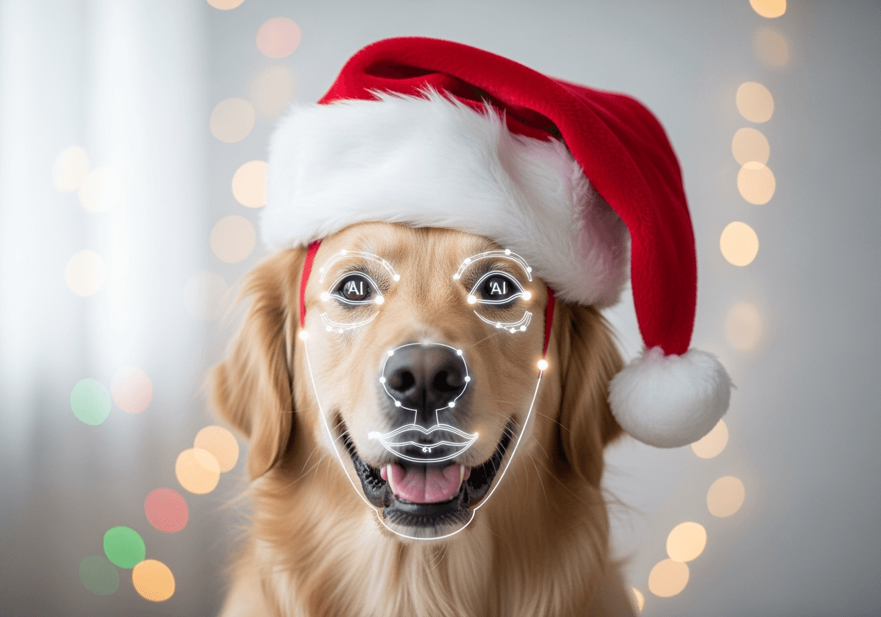 A golden retriever wearing a Santa hat, with a digital overlay indicating AI face detection.