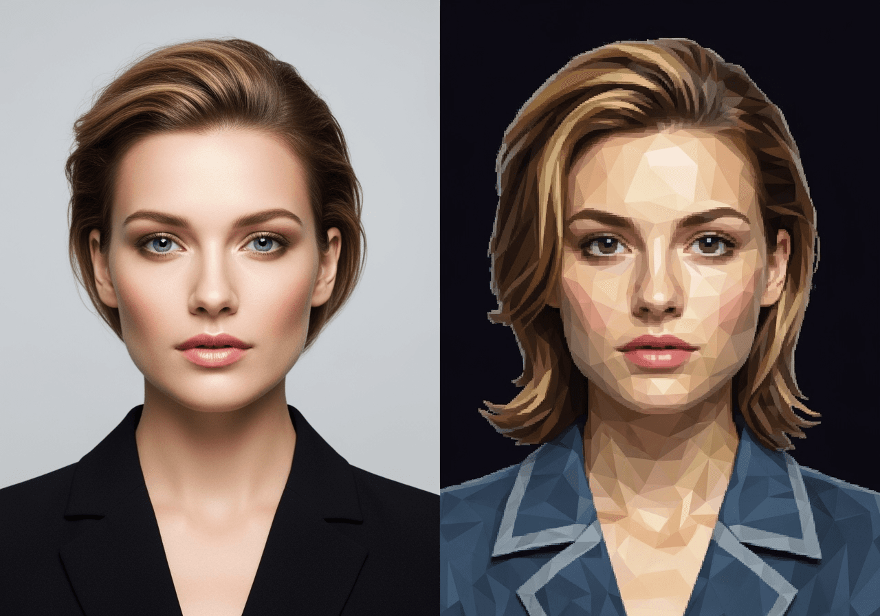 A split-screen comparison showing a woman's portrait before and after being converted into a PS2 video game graphic style.