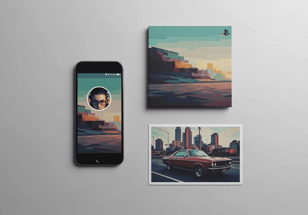 A flat lay of a phone, album cover, and postcard, all showcasing creative uses of the PS2 filter style.