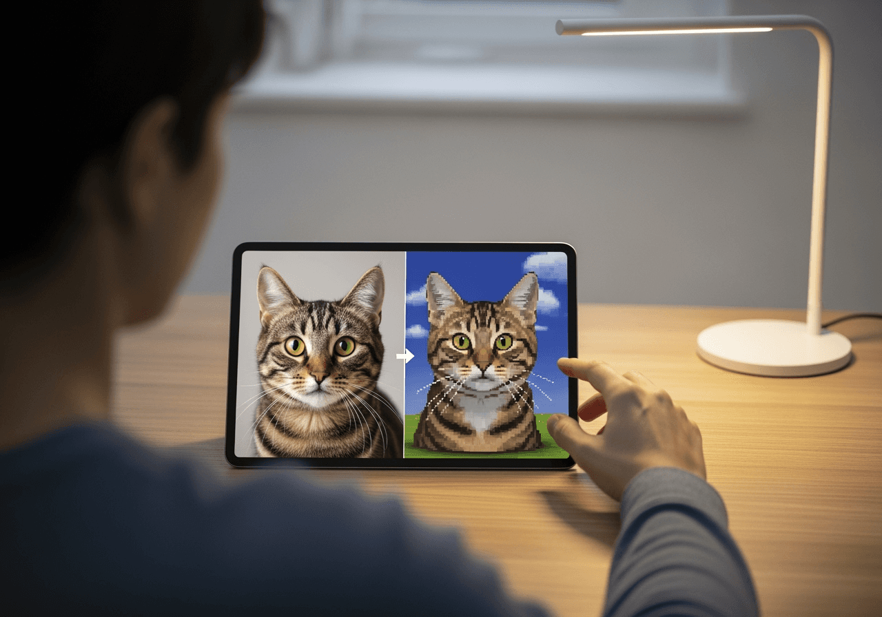 A person using a tablet to easily apply the AI PS2 filter to a cat photo, demonstrating the simple process.