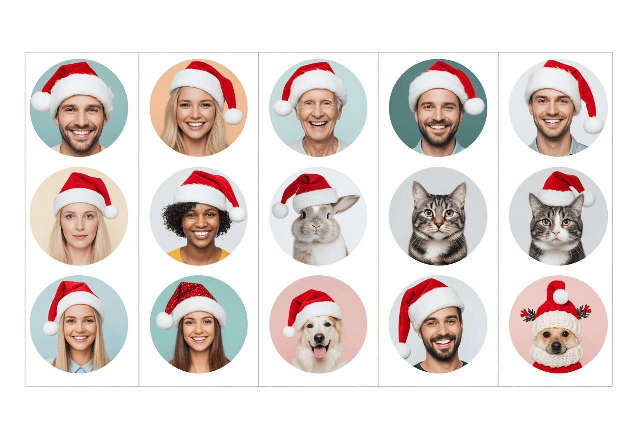 A collage of diverse social media profile pictures, each decorated with a unique Santa hat.