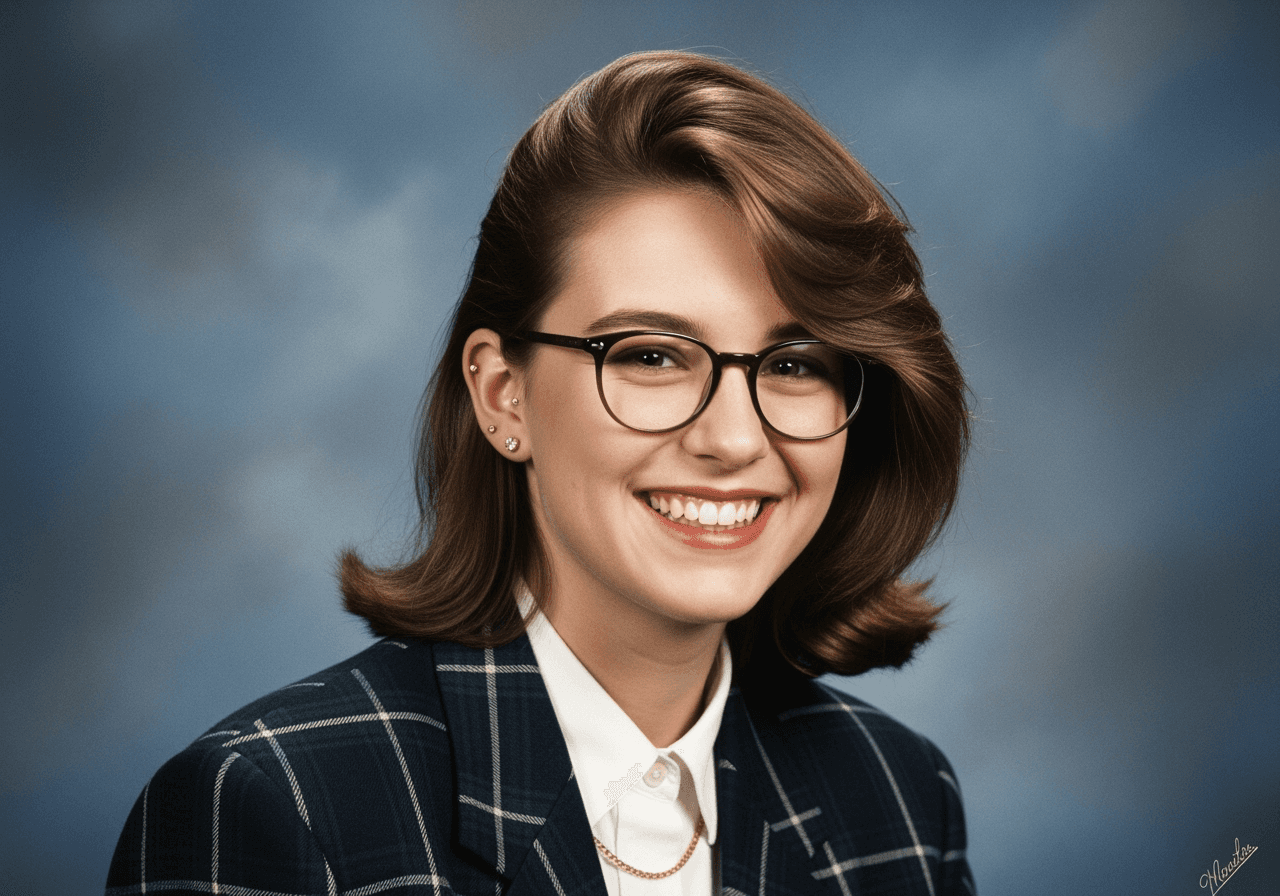 A 1990s style yearbook photo of a smiling female student dressed as a preppy academic.