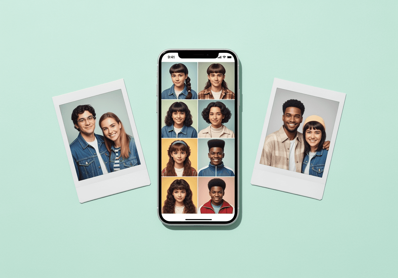 A smartphone showing generated 90s yearbook photos next to original selfie polaroids on a clean background.