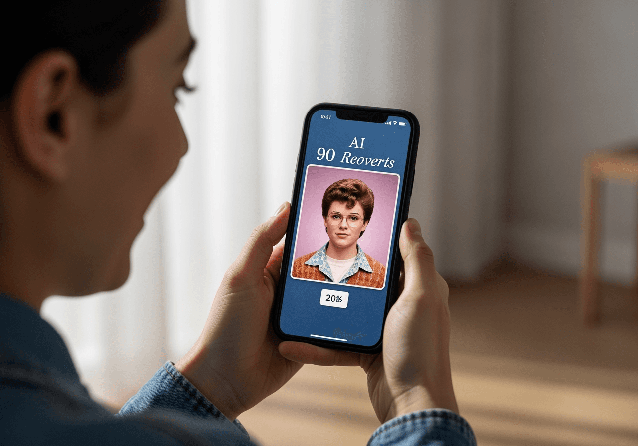 A person looking happily at their newly created 90s AI yearbook photo on their smartphone screen.