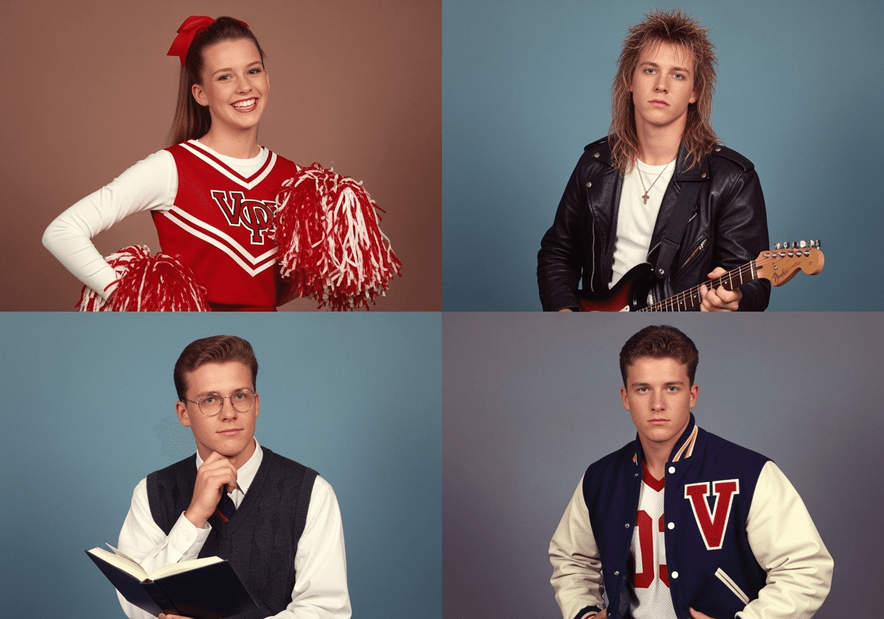 A collage showcasing one person in various 90s AI yearbook styles like cheerleader, rockstar, academic, and jock.