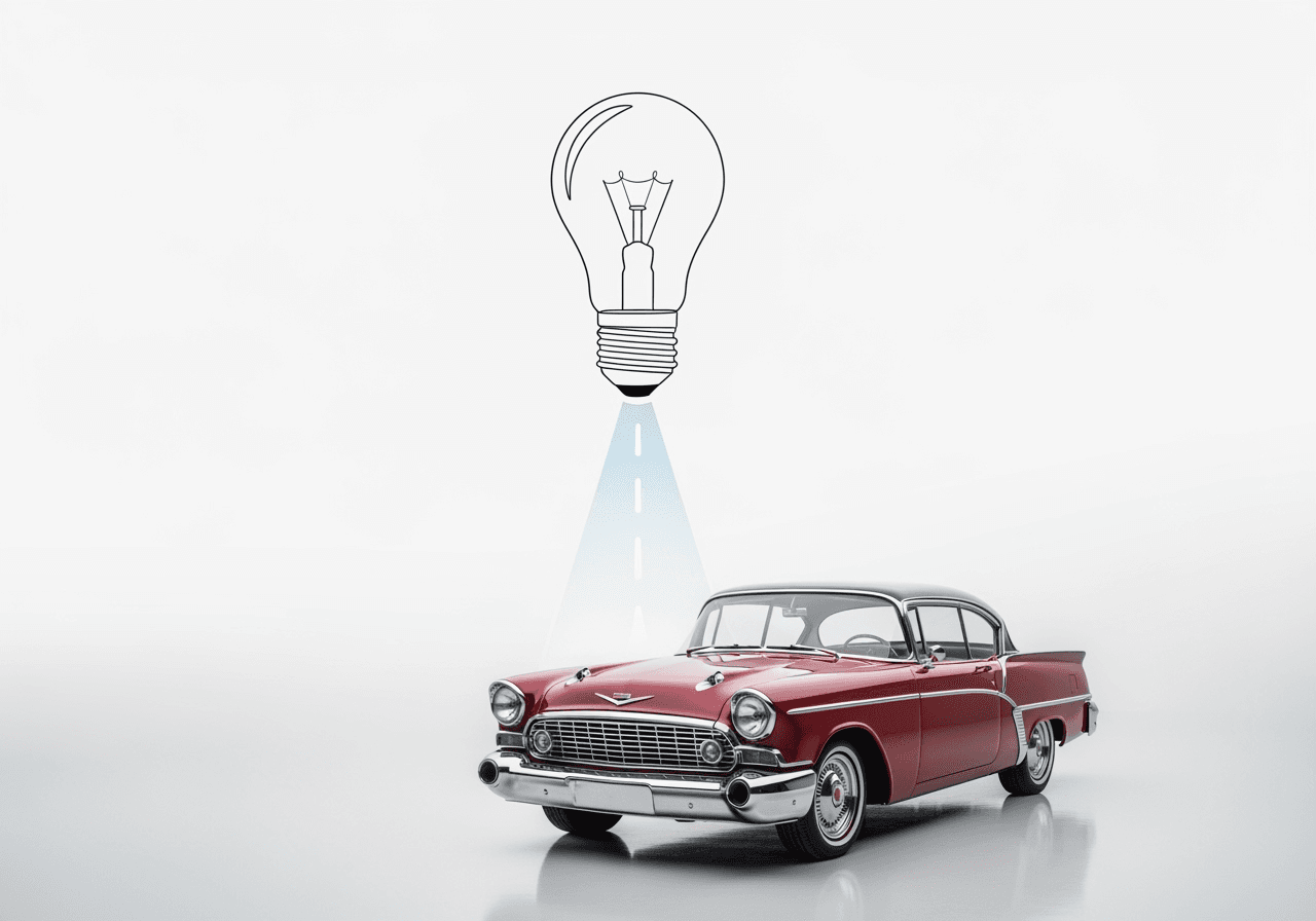 A lightbulb projecting a beam of light that turns into a photorealistic car, representing the simple process of AI image creation.