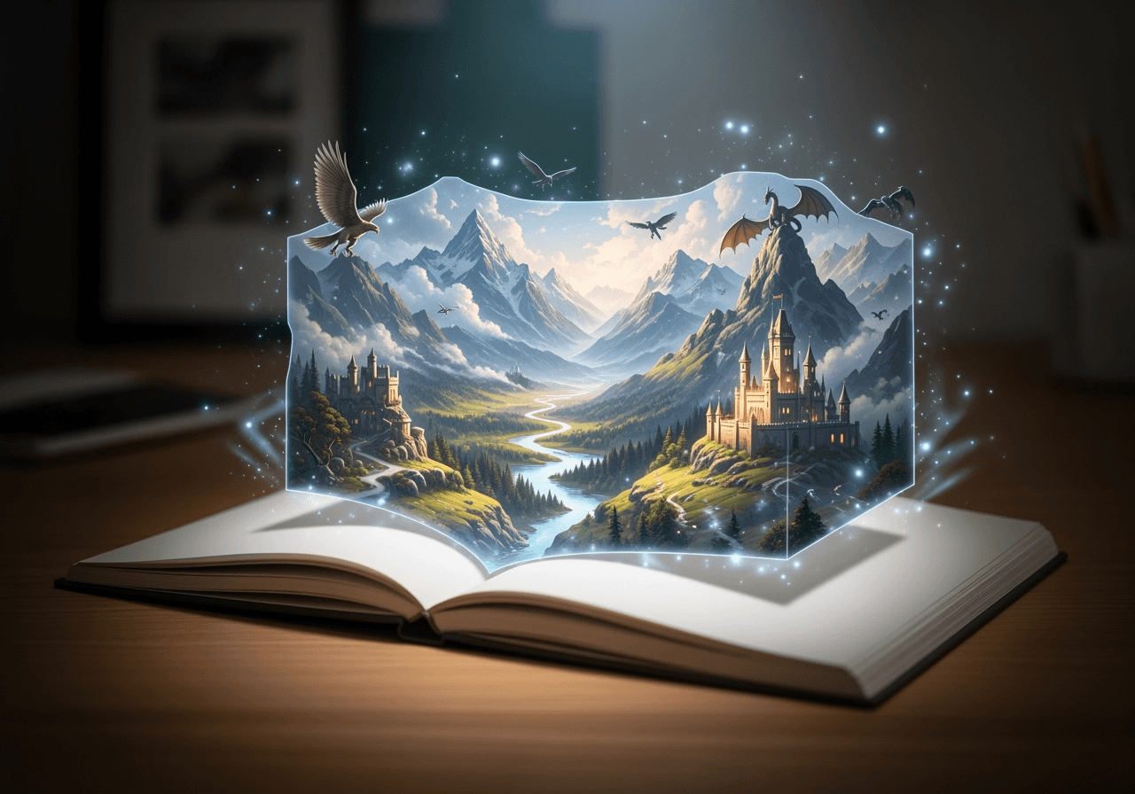 A magical sketchbook on a desk where a beam of light creates a detailed fantasy world, symbolizing limitless creativity.
