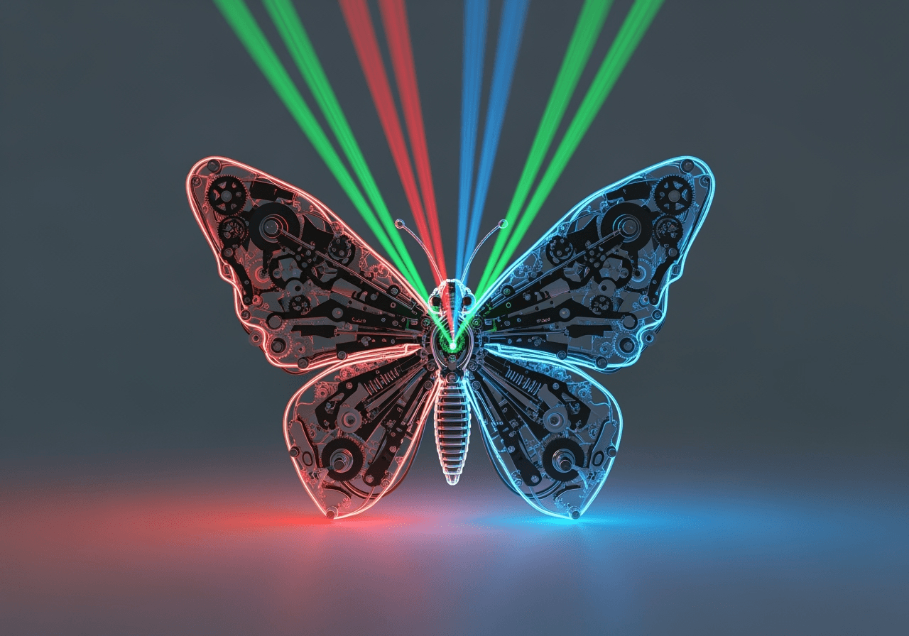 Three light streams merging into a detailed image of a butterfly, symbolizing multi-prompting and quality in AI generation.