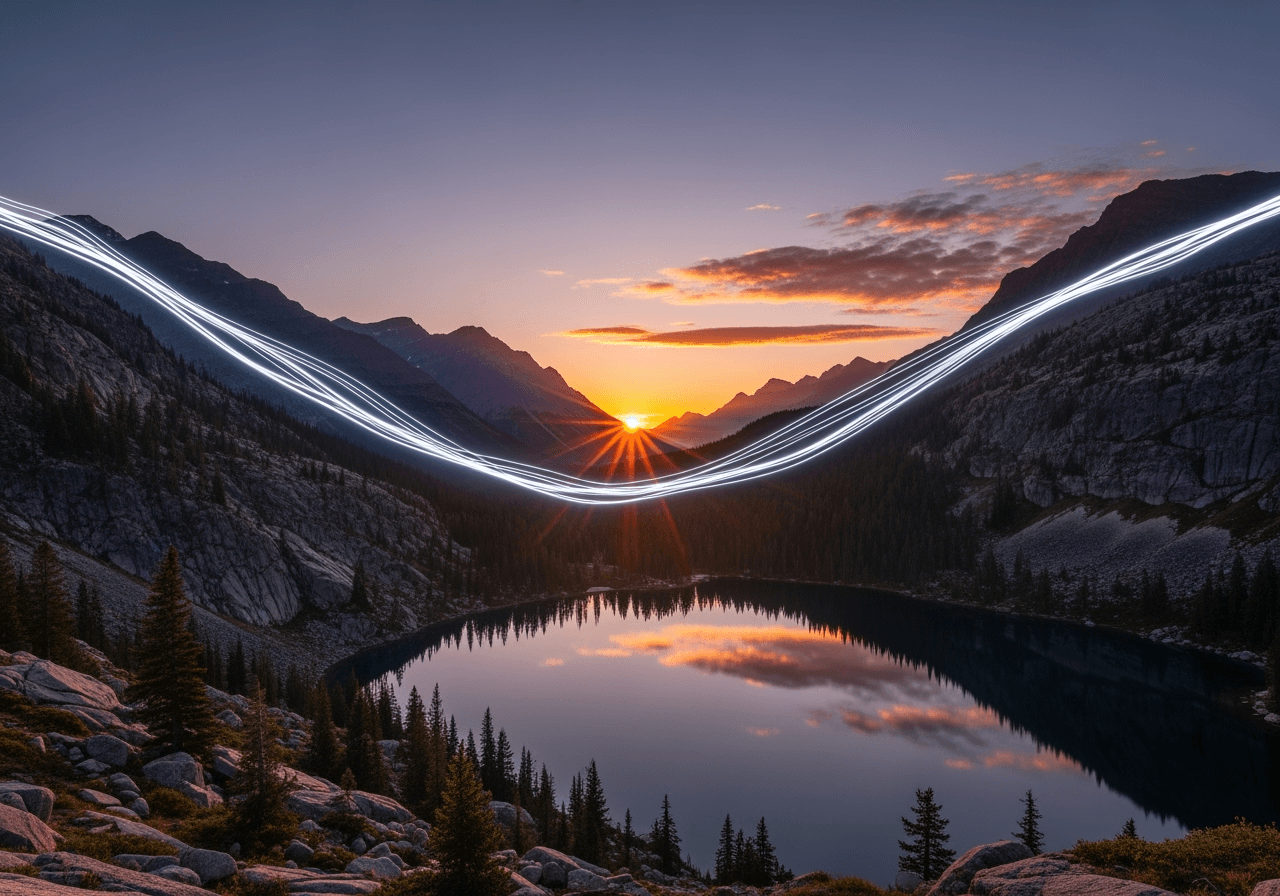 Abstract visual of a glowing light transforming into a photorealistic mountain, symbolizing AI turning ideas into images.