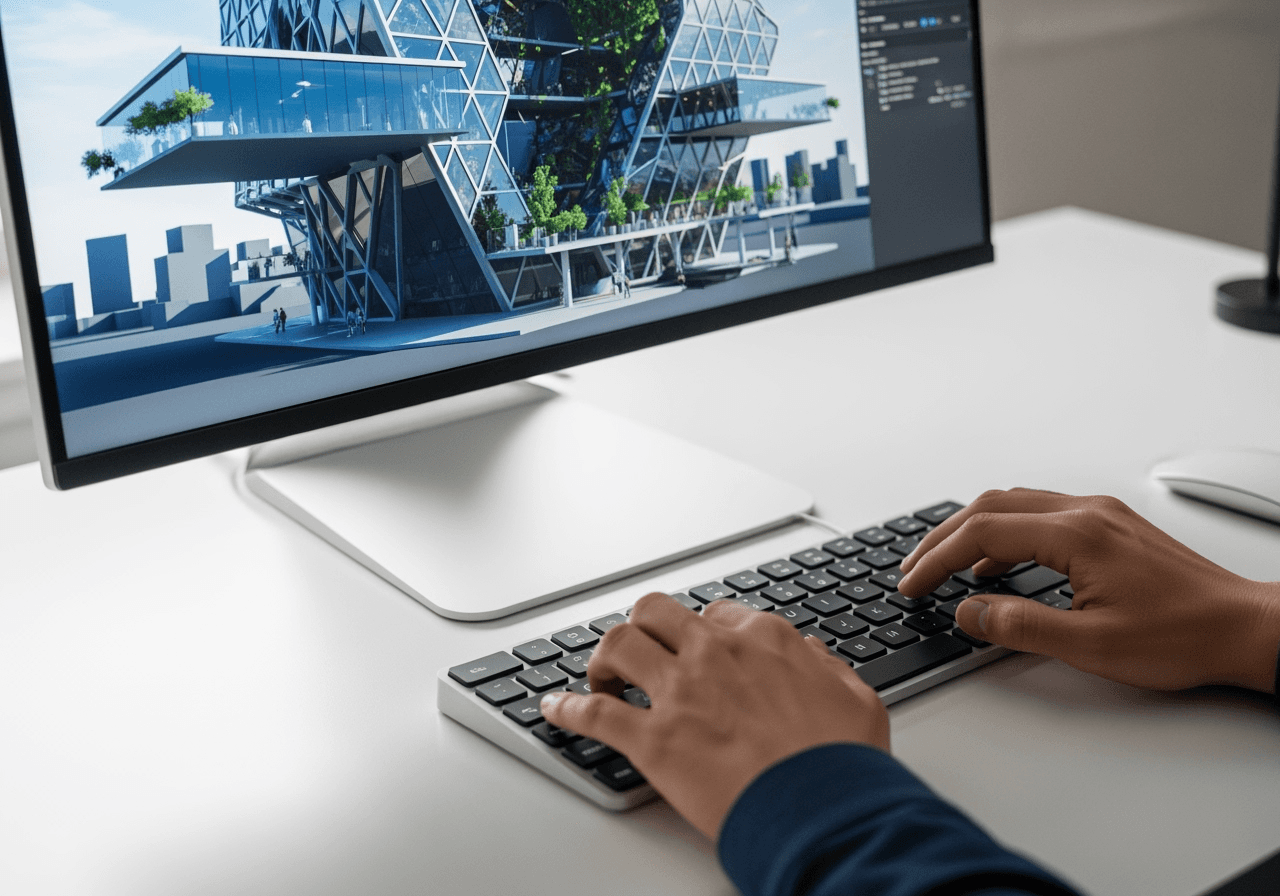 Hands on a keyboard with a futuristic building being generated on the screen, showing the ease of use of AI tools.