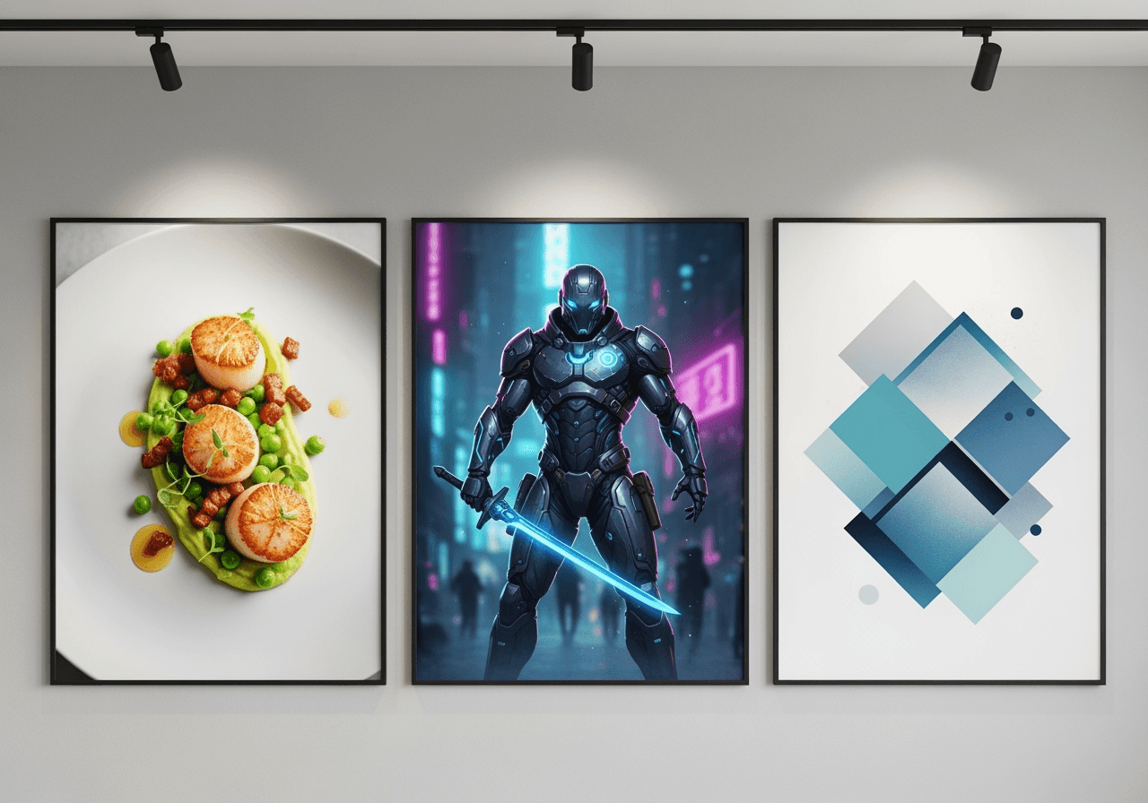 A gallery wall with diverse professional images, showcasing the versatile benefits of AI image generation for business.