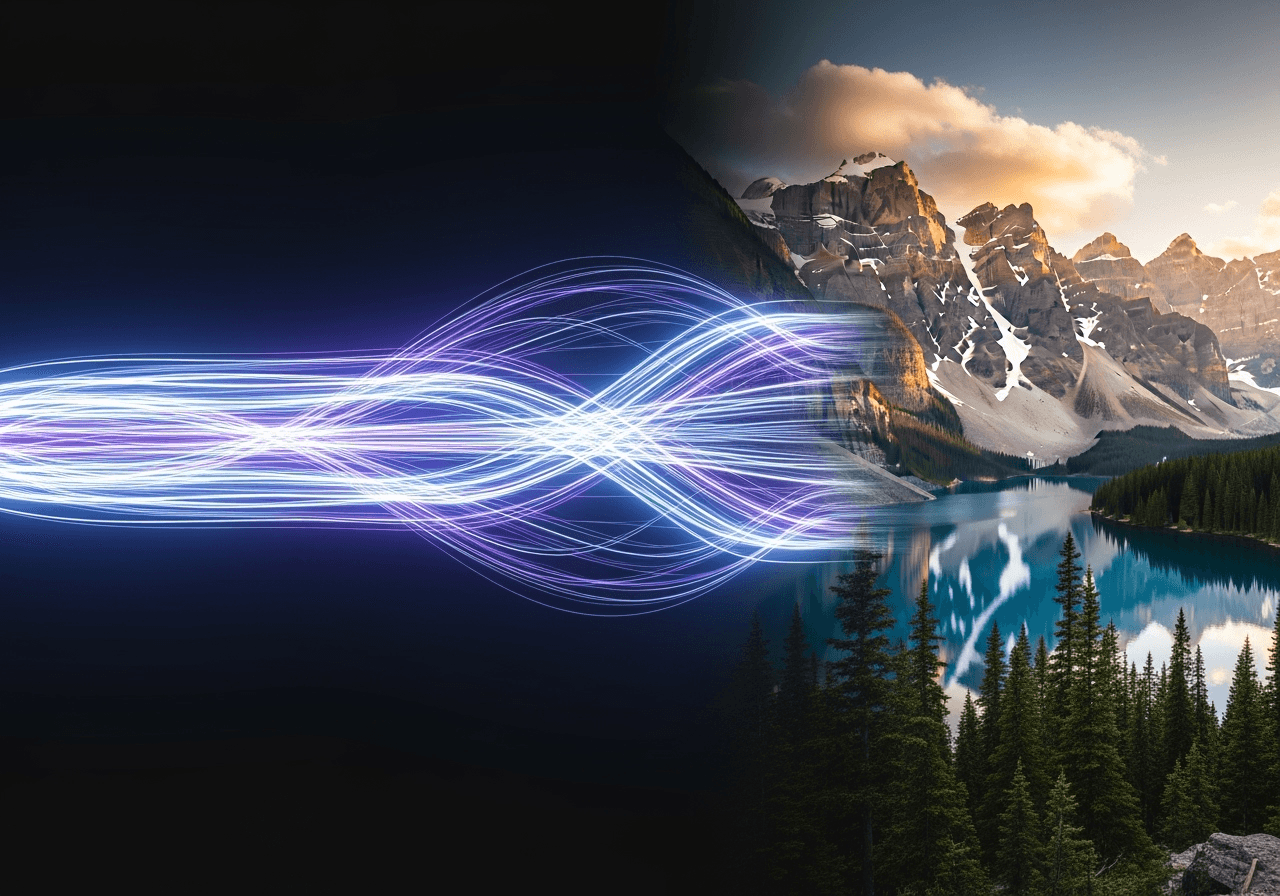 An abstract representation of a text prompt transforming into a high-quality landscape image, symbolizing AI-powered creation.