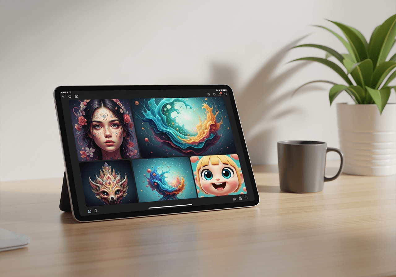 A modern tablet on a clean desk showcasing a variety of high-resolution AI-generated images in different styles.