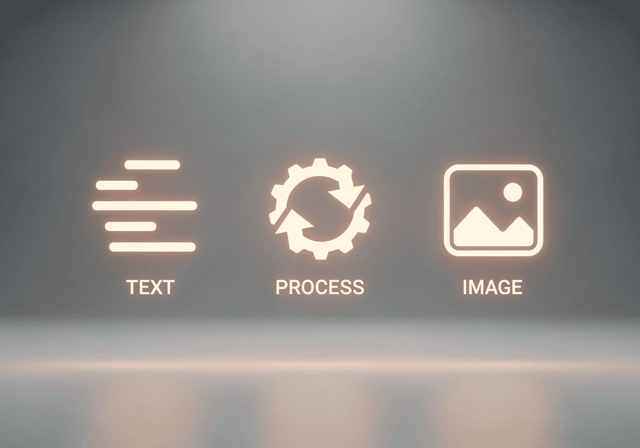 Three minimalist glowing icons in a row, symbolizing the simple three-step process of AI image generation.
