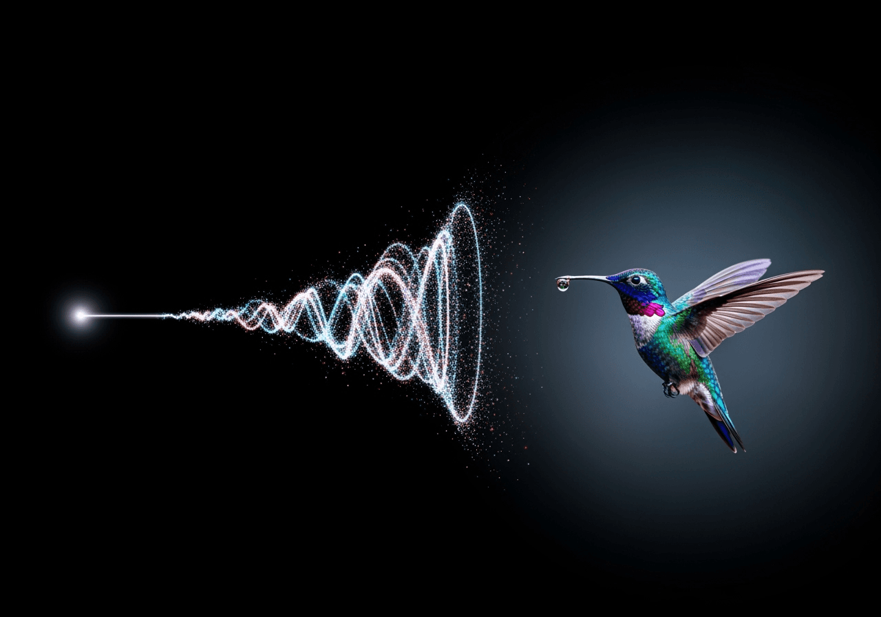 An abstract visual showing a line of light transforming into a photorealistic hummingbird, symbolizing a simple idea becoming an AI-generated image.