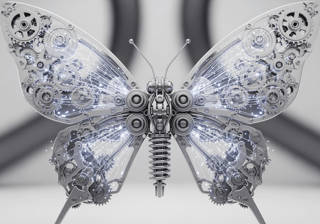 A close-up of a detailed, AI-generated mechanical butterfly, highlighting the model's performance and realism.