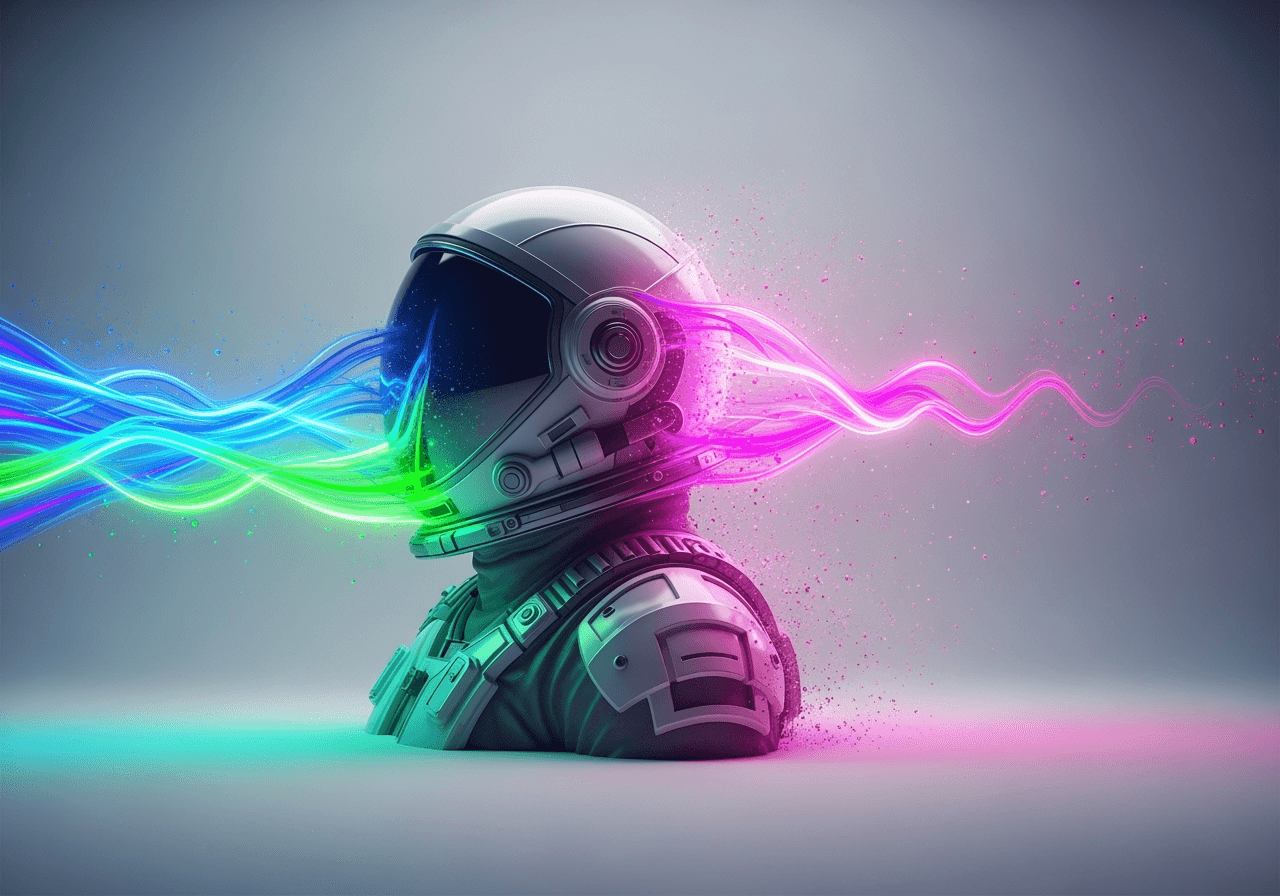A photorealistic astronaut portrait forming from a streak of light, representing fast AI image generation.