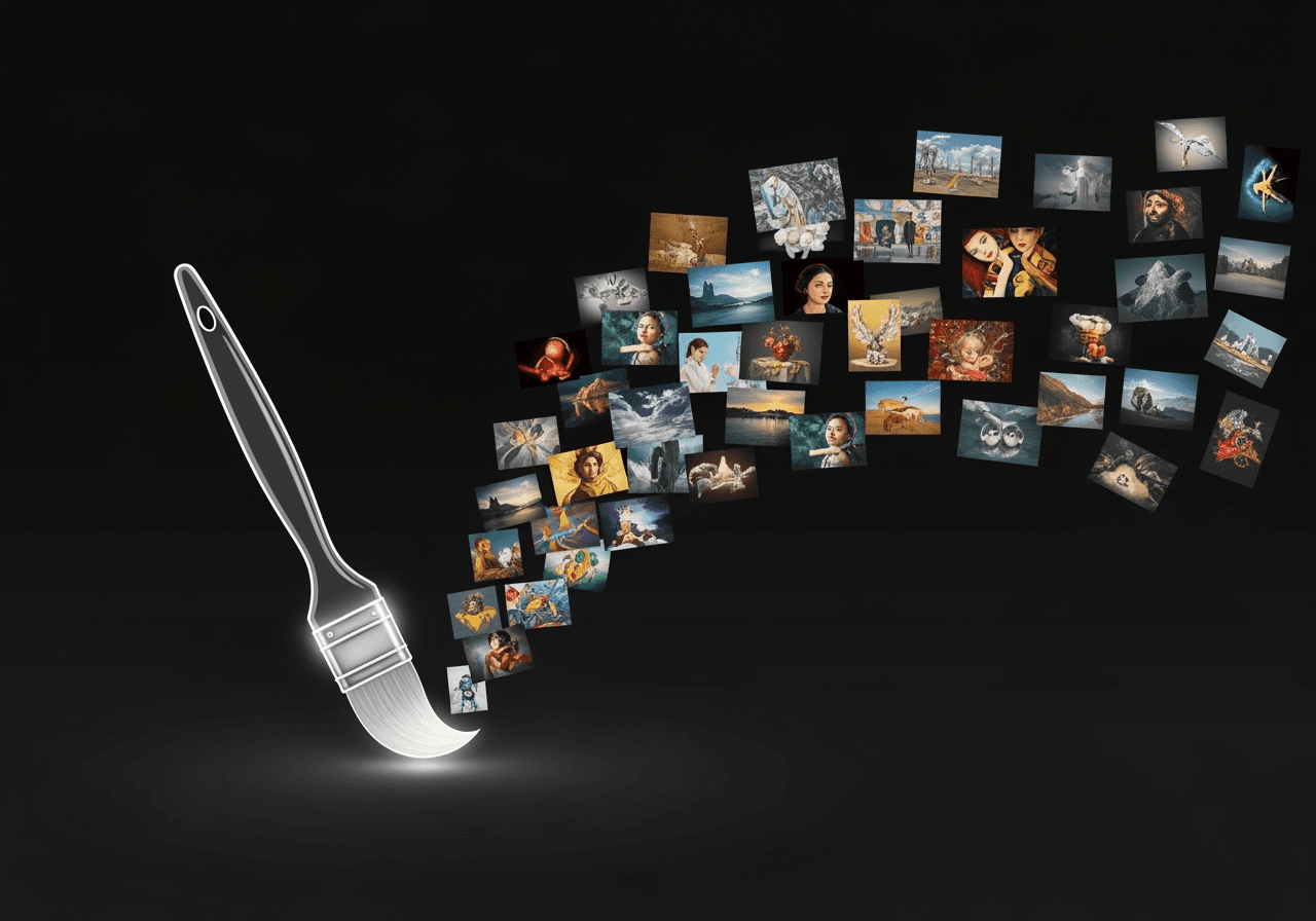 A glowing digital paintbrush creating many different images, symbolizing creative accessibility on the platform.