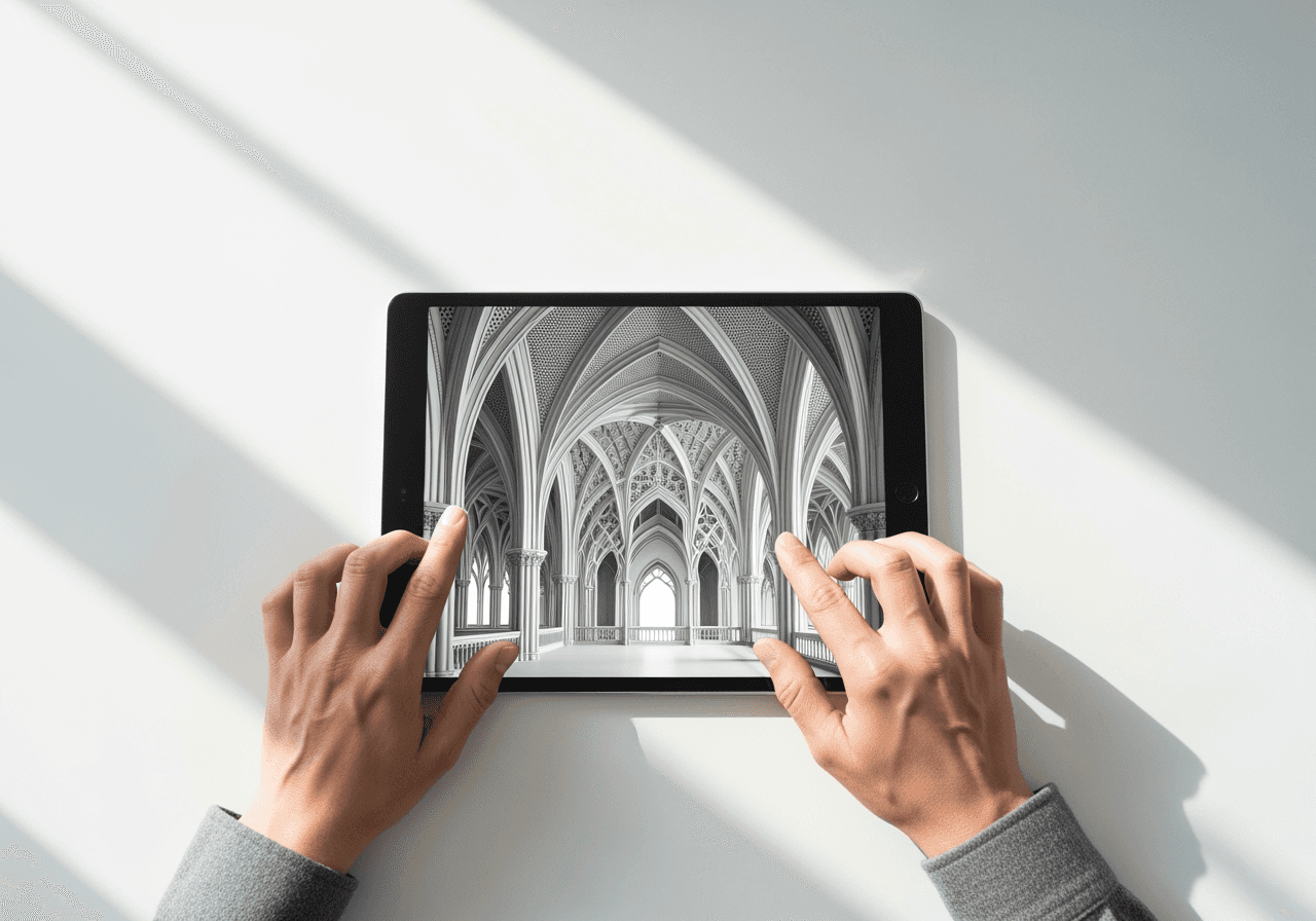 Hands holding a tablet, showing a complex image being easily generated on a simple interface.