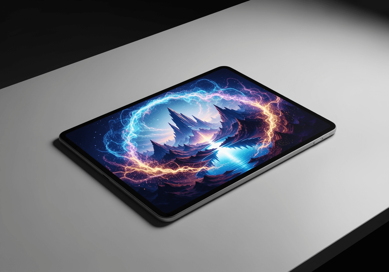 A modern tablet on a desk displaying a photorealistic AI-generated fantasy landscape.