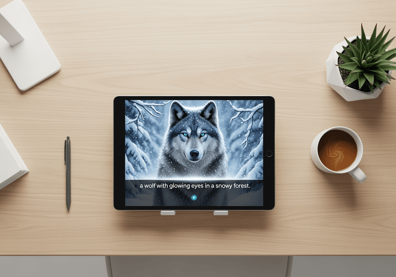 A minimalist desk where a text prompt on a tablet is turning into a photorealistic image of a wolf.