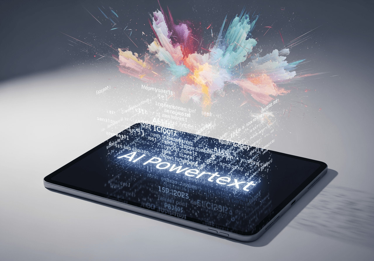 A glowing text prompt on a modern tablet transforms into a beautiful, flowing image, symbolizing AI image generation.