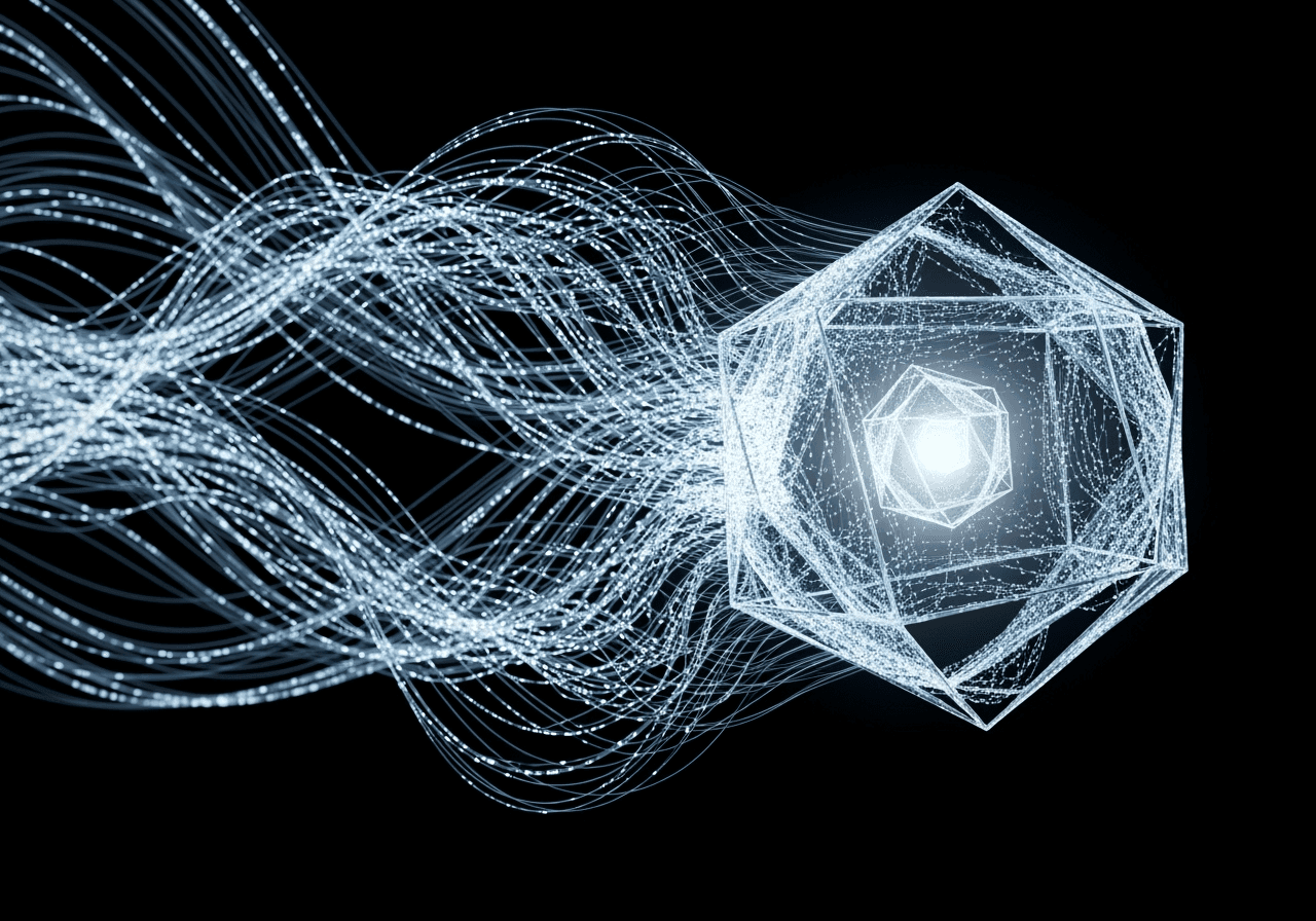 A complex stream of light data precisely forming a perfect crystal, representing AI's accuracy and efficiency.
