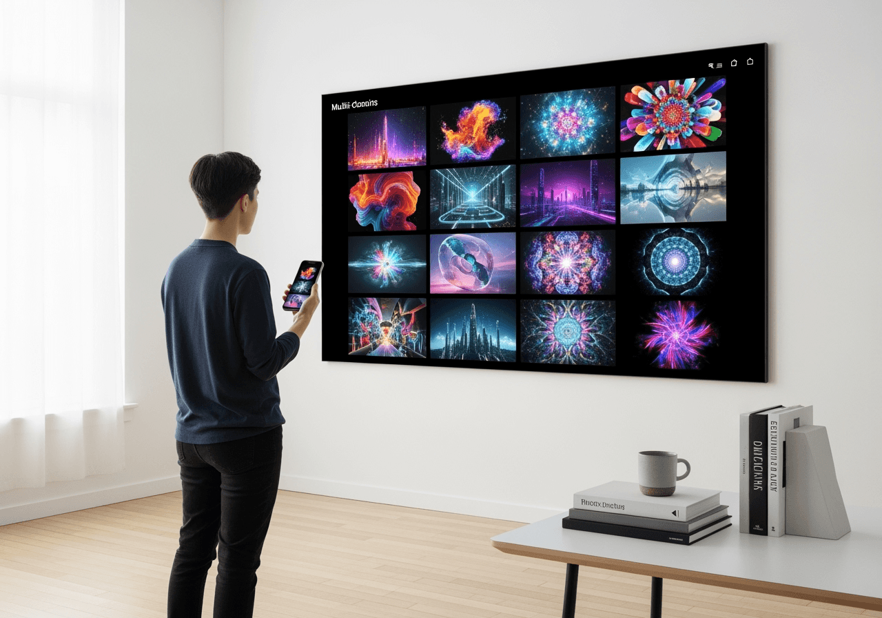 A designer in a modern studio uses diverse AI-generated images for a project on a large screen and a smartphone.