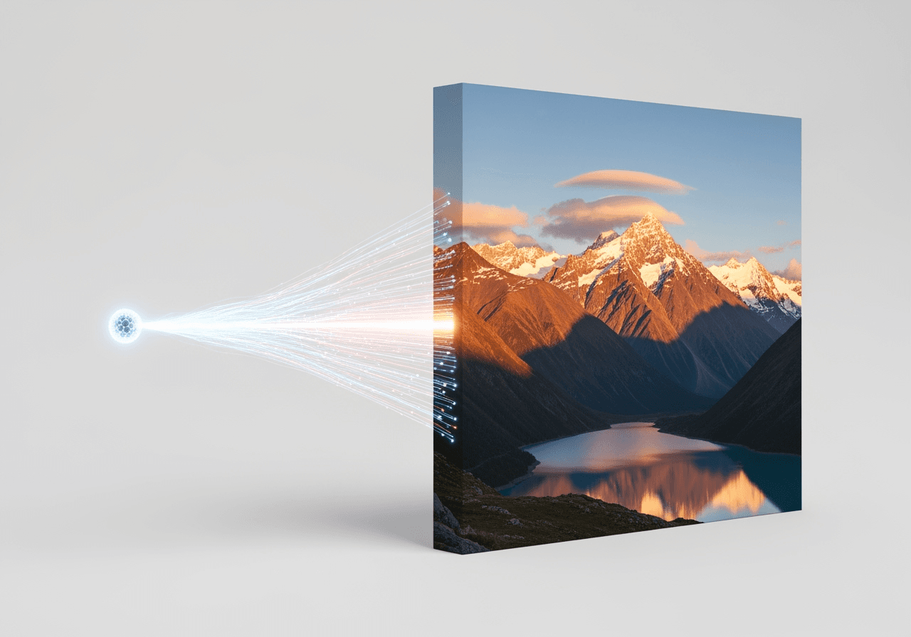 Abstract visualization of a photon of light creating a realistic mountain landscape, symbolizing fast AI image generation.