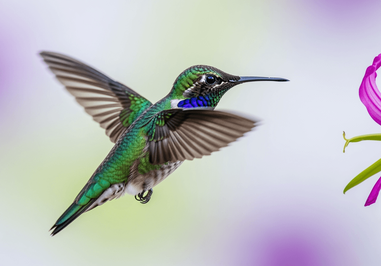 A hummingbird in mid-flight with motion-blurred wings and hyper-detailed feathers, representing speed and quality.