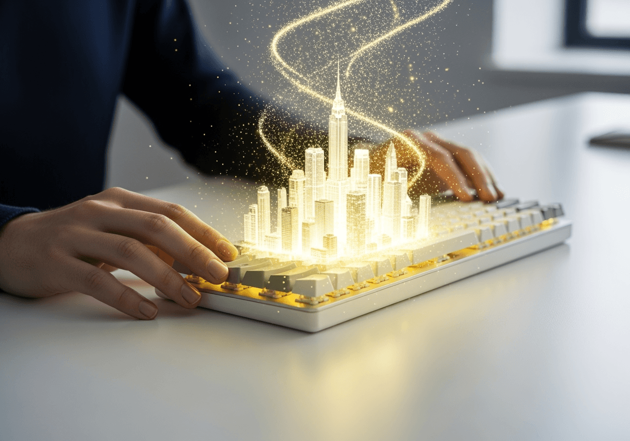 Hands near a keyboard with a miniature glowing city forming on the desk, symbolizing easy AI image creation.