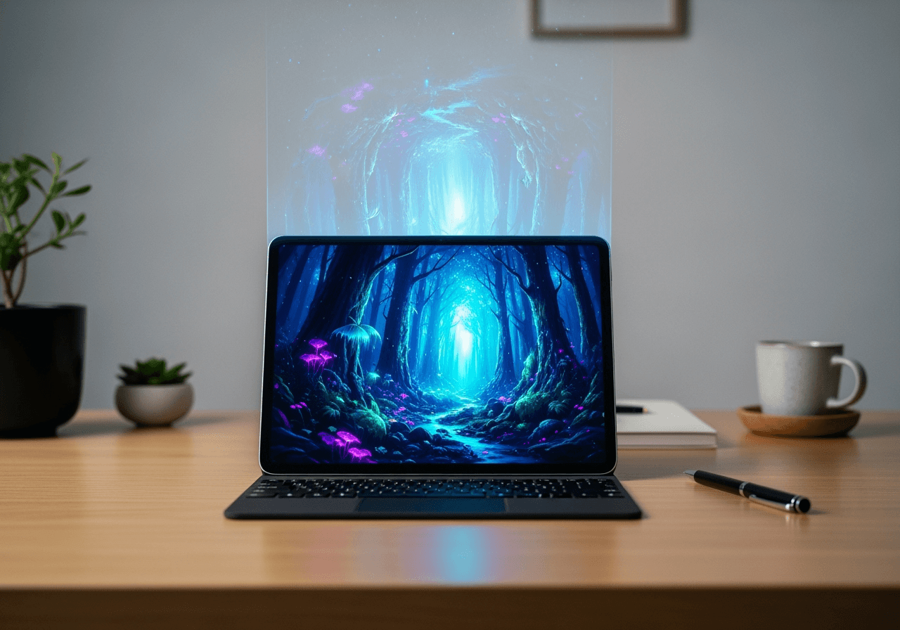 A modern workspace with an AI-generated image of a glowing forest emerging from a tablet.
