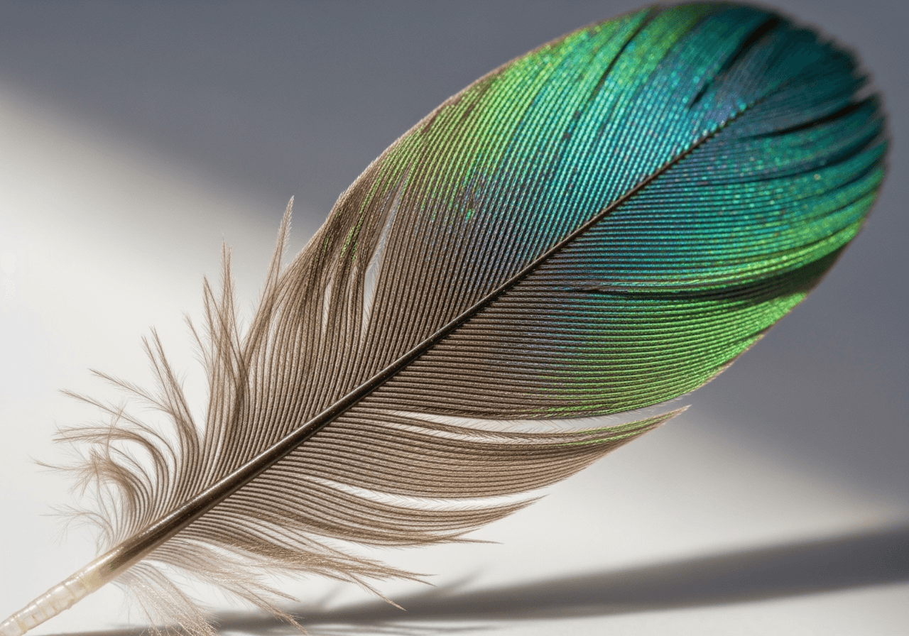 A photorealistic macro image of a hummingbird feather, showcasing the AI's detail generation.