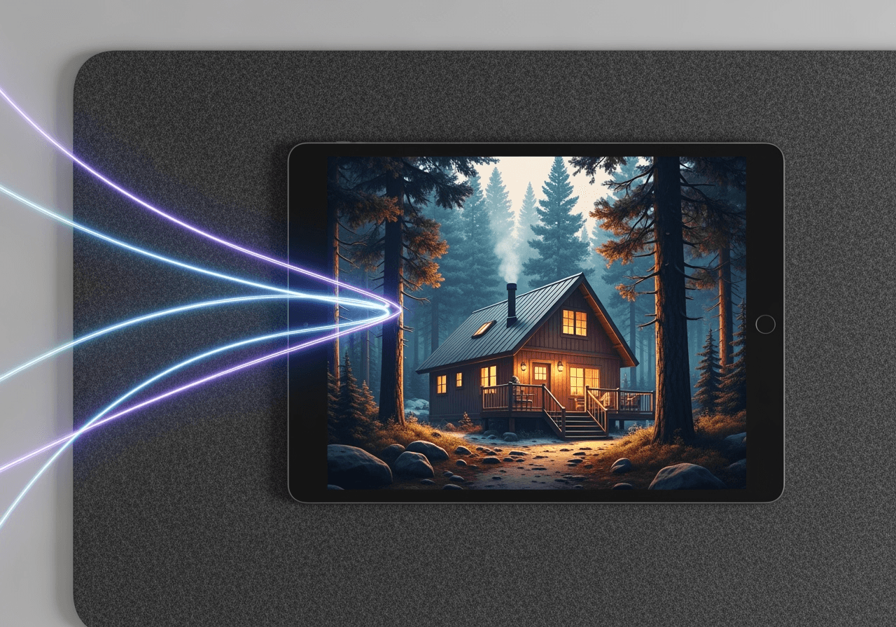 A top-down view of a tablet where a photo is being animated by abstract lines of light, symbolizing the AI creation process.