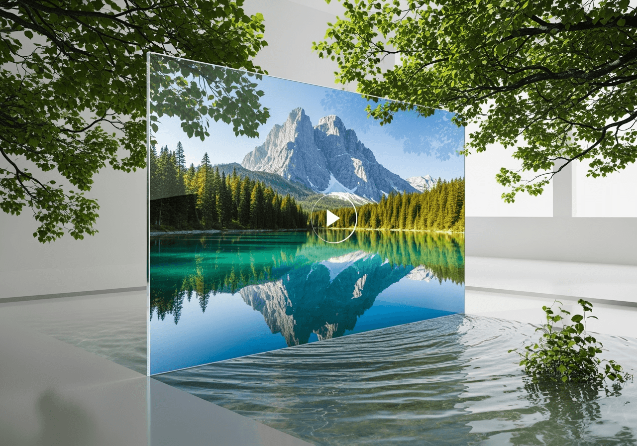 A minimalist and conceptual image showing a static photo on a screen transforming into a dynamic, moving video.