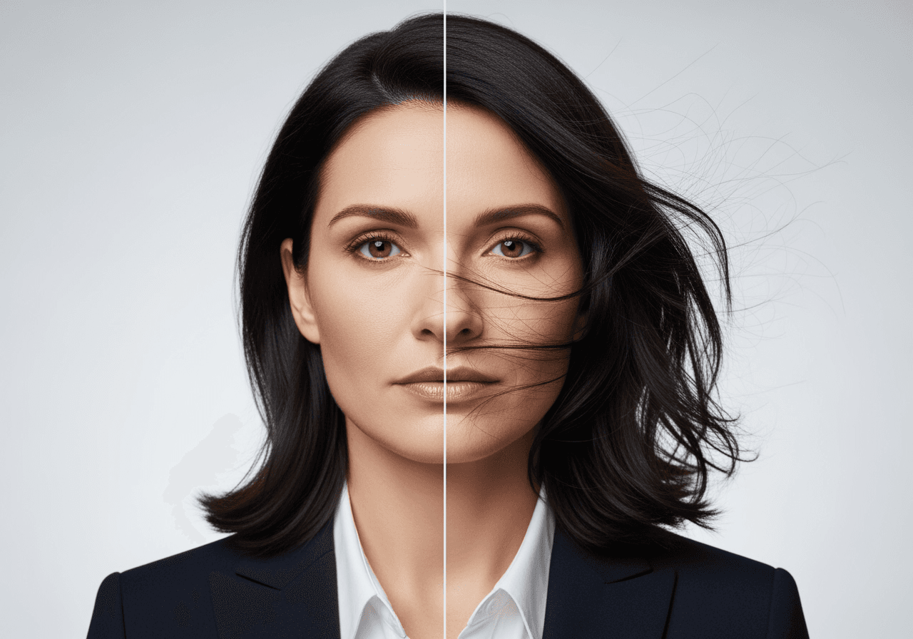 A split image showing a static portrait on one side and the same portrait with animated hair on the other, representing AI motion generation.