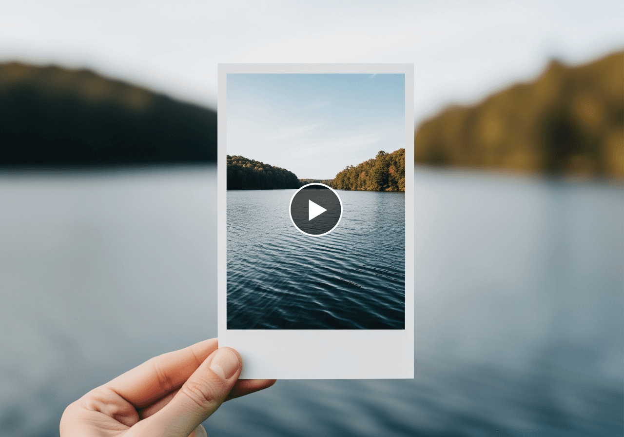 A still photograph of a lake transforming into a dynamic video, representing an AI image-to-video conversion service.
