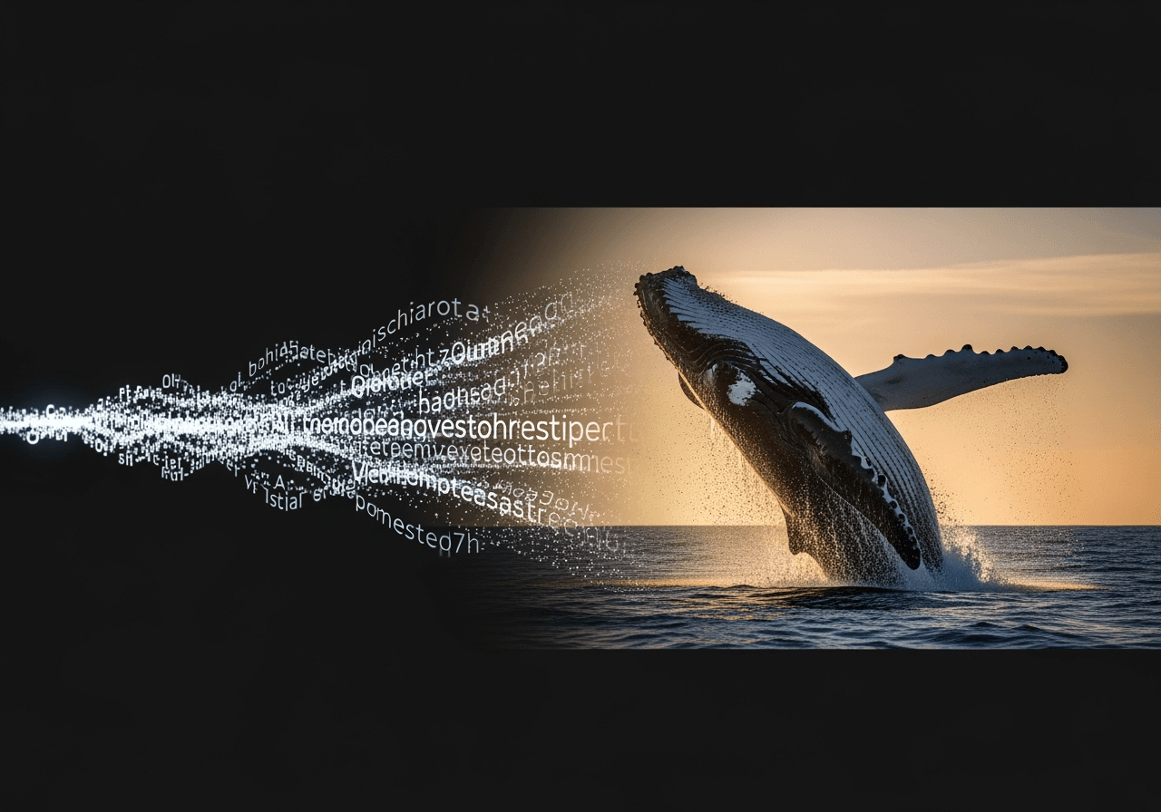 Abstract text particles transforming into a realistic, cinematic image of a whale breaching the ocean.