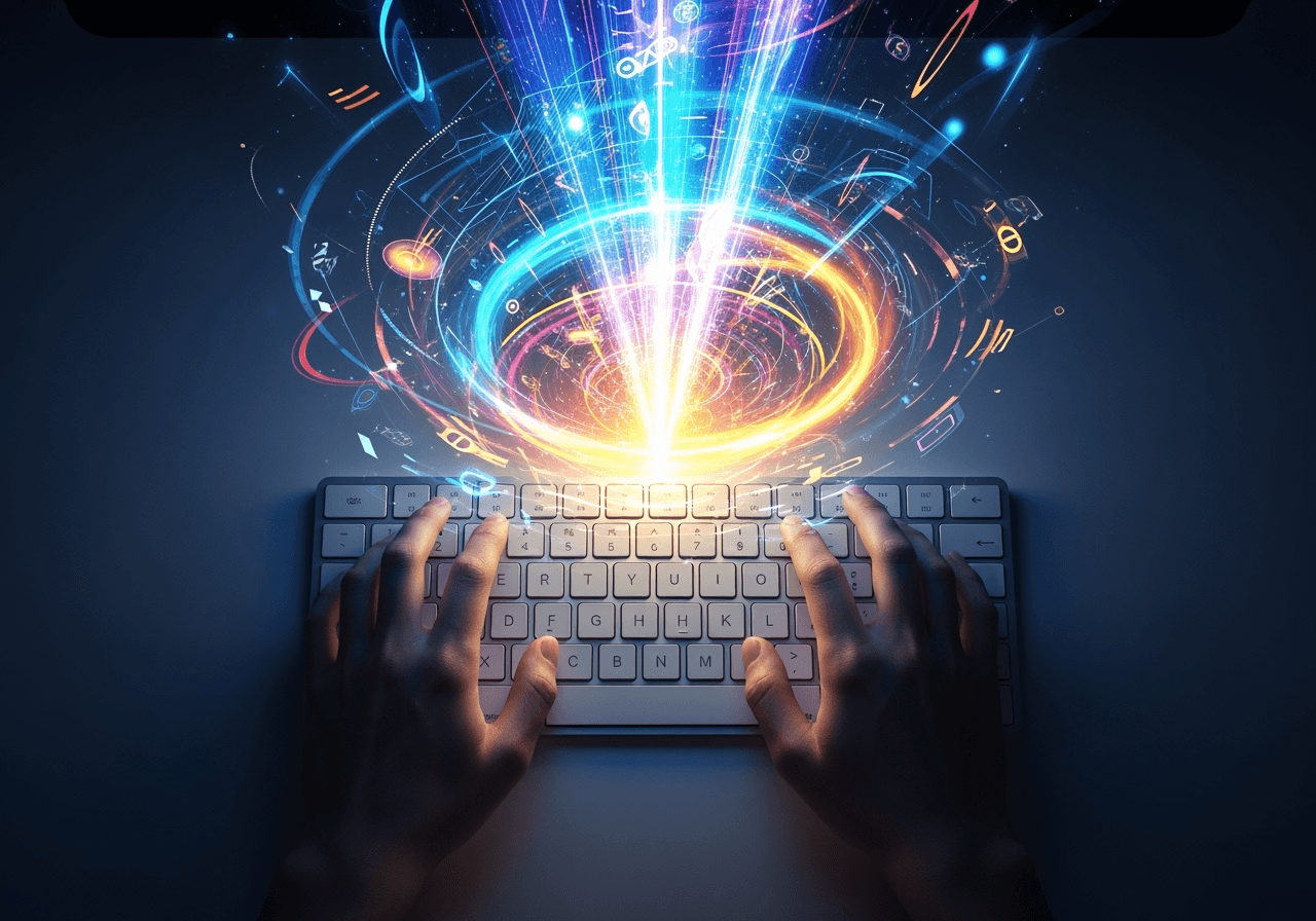 Hands on a minimalist keyboard with a swirl of creative light emerging from it, representing an idea.